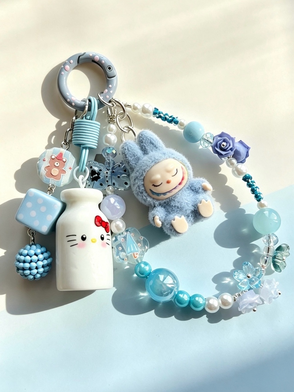 Cute Hello Kitty Milk Bottle & La bubu Charm Keychain